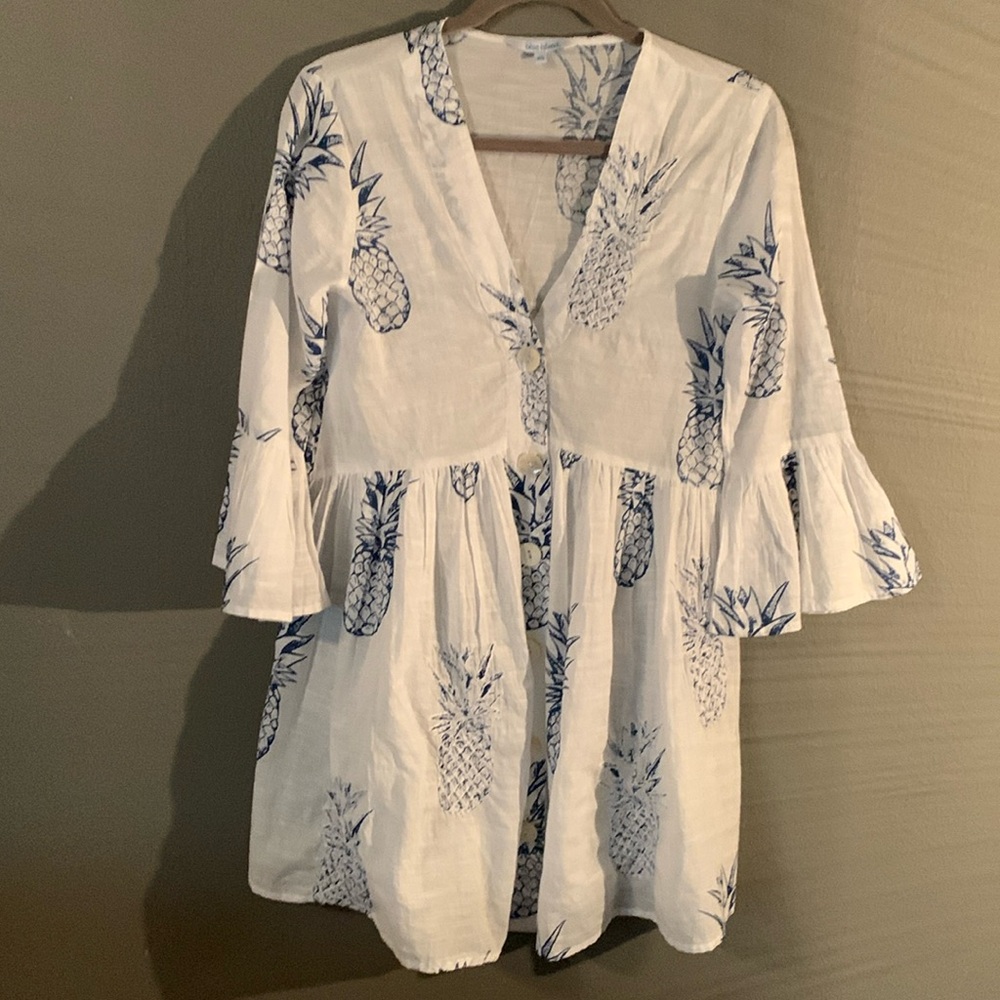 Blue Island  Blue Pineapple Print Cotton Bathing Suit Coverup  Size XS